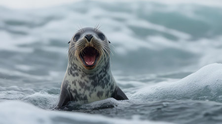 This lively seal rises from the ocean, displaying its unique spot patterns while enjoying a moment of pure joy in the water. A true delight of marine wildlife.の素材