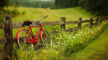 A charming red bicycle leans against a rustic wooden fence, surrounded by a vibrant meadow filled with wildflowers, embodying tranquility and rural beauty.の素材