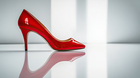 A stunning red high heel shoe showcases its glossy finish on a reflective surface, creating a striking visual in a contemporary setting that emphasizes elegance.の素材