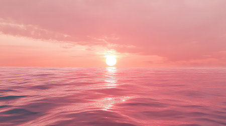 A breathtaking view of a tranquil ocean at sunset, showcasing a beautiful pink sky and soft clouds, reflecting the warm light over gentle waves.の素材