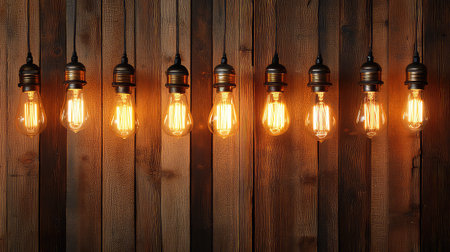 A stunning arrangement of vintage Edison light bulbs hangs against a rich wooden wall, creating a warm and inviting atmosphere perfect for modern or rustic decor.の素材