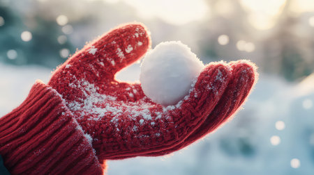 A close-up view of a hand wearing a cozy red mitten, gently holding a fresh snowball against a dreamy winter backdrop. Soft snowflakes drift in the air, creating a serene atmosphere perfect for winter activities.の素材