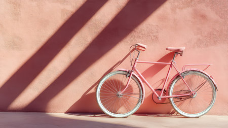 A charming vintage pink bicycle rests against a textured peach wall, casting long shadows in soft natural light. The scene captures a relaxed summer vibe, embodying minimalism and beauty, perfect for design and lifestyle projects.の素材