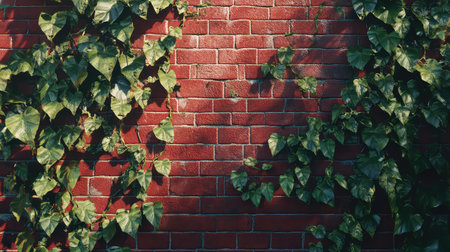 This image showcases vibrant green ivy leaves climbing a rustic red brick wall, creating a beautiful blend of nature and urban architecture, perfect for decor.の素材