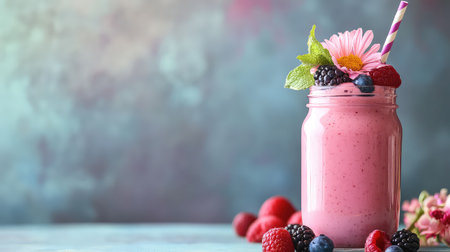 A vibrant berry smoothie served in a mason jar, adorned with fresh mint and a flower, captures the essence of summer and healthy indulgence.の素材