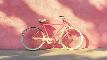 A charming vintage pink bicycle leans against a vibrant pink wall, casting soft shadows. This serene urban scene captures the essence of summer leisure.の素材