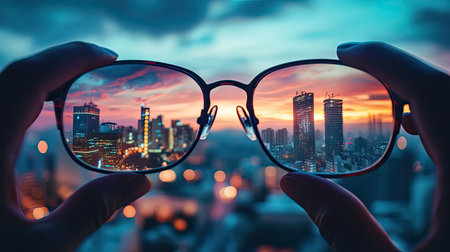 A stunning urban scene captured through glasses, showcasing a vibrant sunset cityscape. The colorful reflection highlights the contrast between nature and city life.の素材
