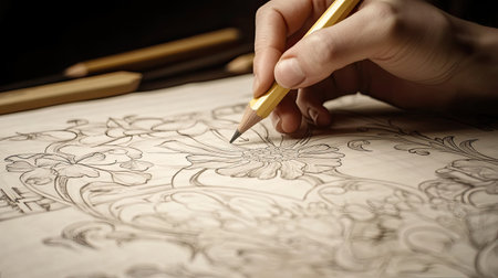 A close-up view captures a hand holding a pencil, illustrating intricate floral patterns on textured paper. This image symbolizes creativity and artistry.の素材