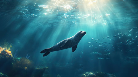 Experience a tranquil underwater moment with a seal gracefully swimming in sunlit ocean waters, surrounded by diverse marine life and vibrant coral.の素材