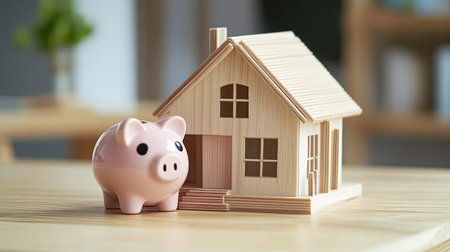 A charming wooden house model placed beside a pink piggy bank on a simple tabletop, symbolizing savings, investment, and home ownership goals.の素材