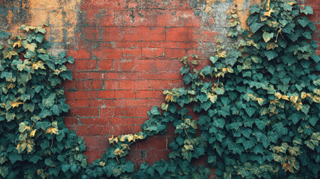 A vibrant red brick wall partially covered with lush green ivy leaves, creating a beautiful blend of nature and urban architecture, ideal for creative projects.の素材