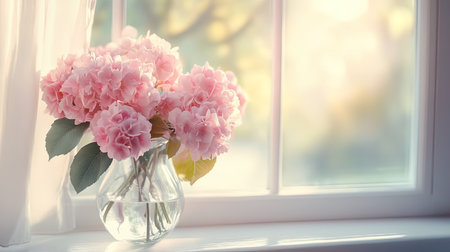 A stunning arrangement of pink hydrangeas in a clear glass vase, illuminated by warm sunlight streaming through a window. This image captures a serene and elegant atmosphere, perfect for enhancing home decor or celebrating nature's beauty.の素材