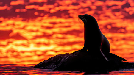 This captivating image features a sea lion silhouette perched on a rock, set against a breathtaking fiery sunset. The vibrant colors of orange and red reflect beautifully on the calm waters, creating a serene and tranquil atmosphere in nature.の素材