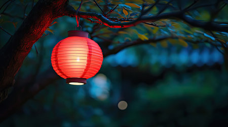 A vibrant red lantern softly glows as it hangs from a tree branch, adding charm and tranquility to a serene garden at night. The soft light creates a cozy atmosphere.の素材