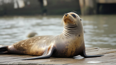 A serene sea lion rests on a wooden dock near the water, showcasing its curious expression. With a beautiful natural background, this image captures wildlife in a tranquil coastal setting, highlighting the charm and beauty of marine life.の素材
