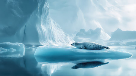 This breathtaking image captures a calm seal resting on a striking iceberg in an Arctic setting, surrounded by serene blue waters and ethereal light.の素材