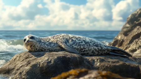 A beautiful scene captures a seal resting on a rocky shore, under a bright sky with fluffy clouds and gentle ocean waves, showcasing nature's tranquility.の素材