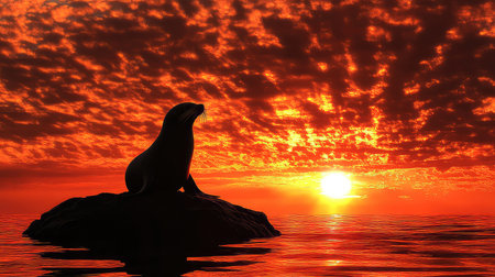 A stunning silhouette of a sea lion perched on a rock during a vibrant sunset. The fiery sky reflects on calm waters, creating a tranquil scene.の素材
