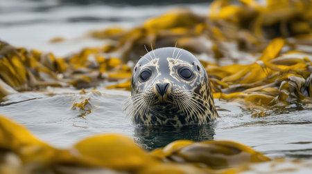 A captivating close-up view of a seal swimming among vibrant seaweed in its natural habitat, showcasing the serene beauty of marine life and aquatic ecosystems.の素材