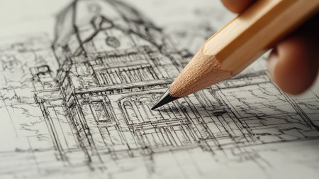 A meticulous architectural sketch showcases a beautiful historic building, featuring intricate lines and fine pencil work, reflecting artistry and design expertise.の素材
