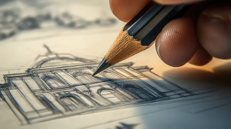 A close-up image capturing the meticulous hand sketching of an architectural design using a pencil. The delicate details emerge in soft natural light, showcasing creativity and artistic skill.の素材