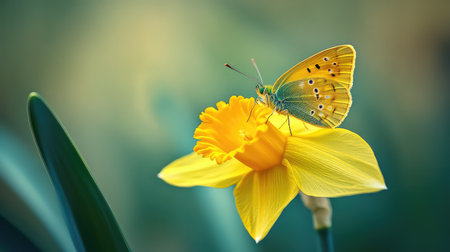 A vivid butterfly rests gracefully on a radiant yellow daffodil, capturing the essence of spring in a tranquil garden environment. This close-up scene portrays the delicate interplay of color and life, perfect for nature lovers and wildlife enthusiasts alike.の素材