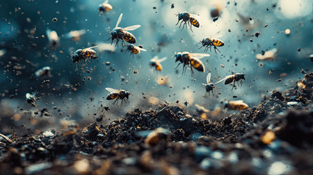 A captivating image of a swarm of bees dispersing above the ground, showcasing their elegance in motion amidst a dust-filled forest backdrop.の素材