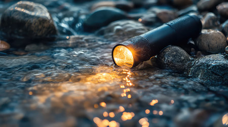 A flashlight illuminates the dark waters, resting on a bed of wet rocks. The soft glow creates beautiful reflections, enhancing the serene outdoor atmosphere.の素材