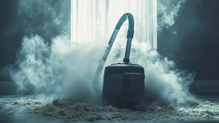 A vacuum cleaner stands prominently in a dimly lit room, enveloped by a dramatic cloud of dust, illustrating the challenges of indoor cleaning and maintenance.の素材
