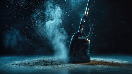 A vacuum cleaner stands amidst swirling dust and fine particles, illuminated by dramatic lighting that creates an atmospheric effect, perfect for cleaning themes.の素材