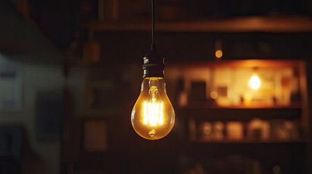 A bright vintage bulb hangs warmly, casting soft light in a cozy workspace, creating a charming atmosphere perfect for creativity and inspiration.の素材