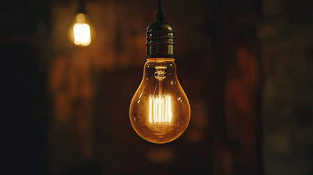 A captivating vintage incandescent light bulb emits a warm glow in a dimly lit rustic setting, creating a cozy and inviting atmosphere filled with charm.の素材