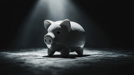This image showcases a unique white ceramic piggy bank illuminated by a spotlight, emphasizing its textural features on a dark background. Ideal for finance and savings themes.の素材