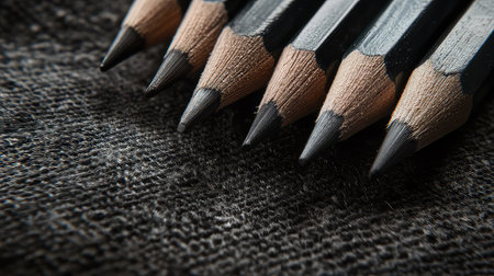 This image features a close-up view of sharpened pencils neatly arranged on a dark textured background, highlighting tools used for creativity and artistry.の素材