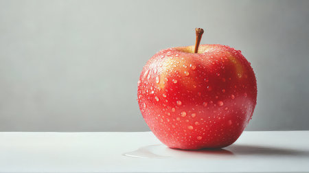 This image captures a fresh red apple adorned with glistening water droplets, symbolizing health and vitality. Perfect for any nutrition-themed project.の素材
