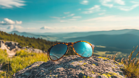 A pair of stylish sunglasses rests on a rock, reflecting a breathtaking mountain landscape under a clear blue sky, perfect for outdoor adventures.の素材
