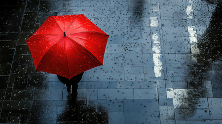A vibrant red umbrella stands out against a rainy urban backdrop, highlighting reflections on wet pavement and creating a striking visual scene.の素材