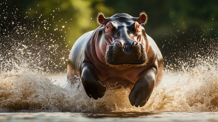 A captivating image of a hippopotamus gracefully leaping through water, creating splashes under natural sunlight, highlighting its power and grace in the wild.の素材