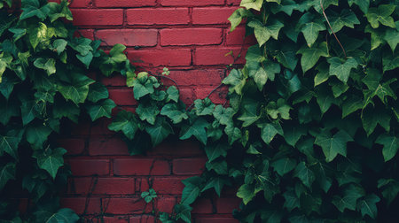 A stunning display of lush ivy climbing elegantly over a textured red brick wall, creating a beautiful contrast between vibrant greenery and rustic architecture.の素材