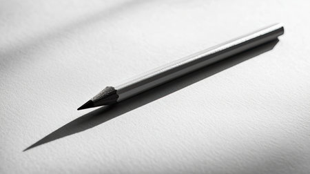 A minimalistic black and white image of a pencil resting on white paper, casting a soft shadow. Ideal for creative projects highlighting simplicity and elegance.の素材