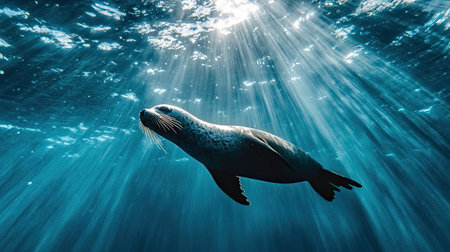 A serene sea lion gracefully swims underwater, illuminated by beams of sunlight penetrating the ocean surface, showcasing its natural elegance and aquatic habitat.の素材