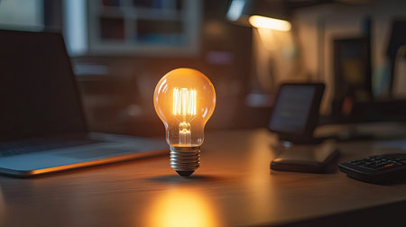 A beautifully illuminated light bulb stands on a wooden desk, creating a warm and inviting atmosphere in a modern workspace filled with technology.の素材