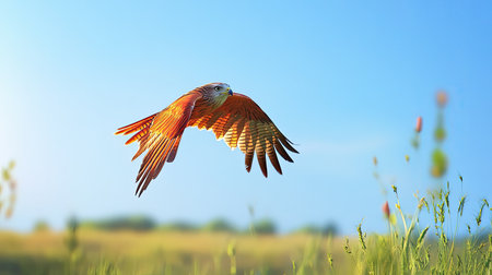 A stunning bird captured mid-flight, showcasing its vibrant feathers against a clear blue sky. The lush green field below enhances the serene and natural atmosphere, making it perfect for themes of freedom and wildlife.の素材