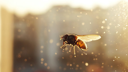 A stunning close-up of a flying insect captured in beautiful sunlight, creating a dreamy atmosphere filled with sparkling bokeh. The intricate details of the wings are visible, showcasing nature's beauty in motion.の素材