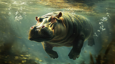 A stunning image of a hippo swimming gracefully underwater, showcasing the vibrant colors and dynamic movement of wildlife in its natural habitat.の素材