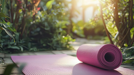 A pink yoga mat rests on a cobblestone path surrounded by lush greenery, creating a peaceful environment for relaxation and wellness activities.の素材