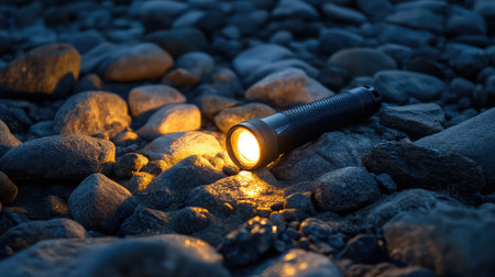 A bright LED flashlight rests on wet stones, casting a warm glow in a dark environment. This image captures the essence of adventure, exploration, and the beauty of nature at night.の素材