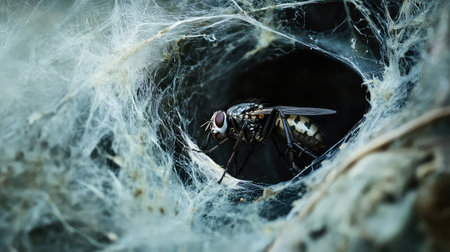 This close-up image captures a fly nestled inside a spider web nest, showcasing fine details of its anatomy and the complex structure surrounding it.の素材