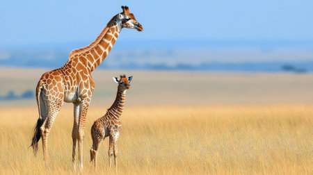 A striking image of a graceful adult giraffe standing alongside its playful calf in a vast golden grassland, under a cloudless blue sky.の素材