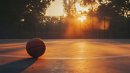 A vibrant basketball rests on a court basking in warm sunset light, surrounded by nature, evoking feelings of leisure, energy, and competitive spirit.の素材